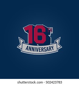 16th Anniversary Celebration Logo using 3d Number, Red Colored Isolated in Blue Background. Retro Style 
