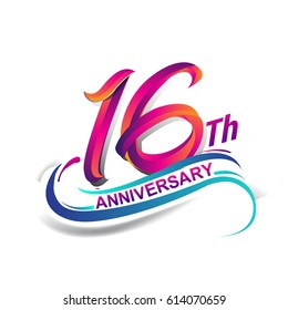 16th anniversary celebration logotype blue and red colored. sixteen years birthday logo on white background.