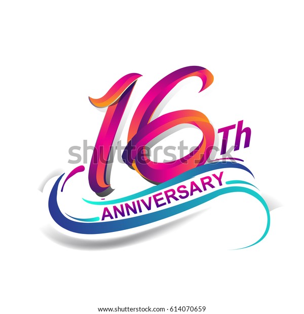 16th anniversary
celebration logotype blue and red colored. sixteen years birthday
logo on white background.