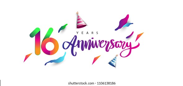 16th anniversary celebration logotype and anniversary calligraphy text colorful design, celebration birthday design on white background.