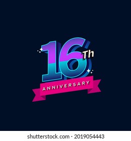 16th anniversary celebration logotype colorful design. Simple and retro anniversary logotype design.