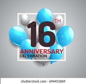 16th anniversary celebration logotype. anniversary logo with balloon in white rectangle.  Vector design for celebration, birthday, party, festival, invitation card, and greeting card