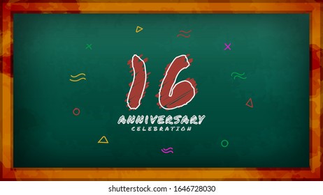 16th Anniversary celebration. Messy Chalk number with frame and geometric decoration on green chalkboard background. Old school style design vector EPS 10. Can be used for company or wedding.