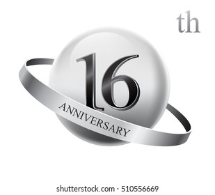 16th anniversary celebration with silver ring on white isolated background