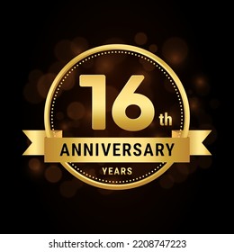 16th anniversary, anniversary celebration template design with gold ribbon. Logo vector illustration