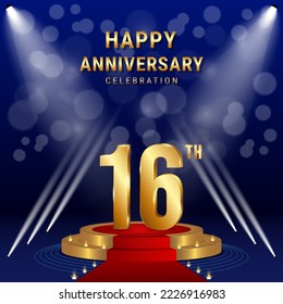 16th Anniversary Celebration. Template design with golden stage for celebration event, wedding, greeting card and invitation card. Vector illustration EPS10