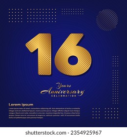 16th anniversary celebration template design with a golden pattern number style isolated on a blue background, vector template