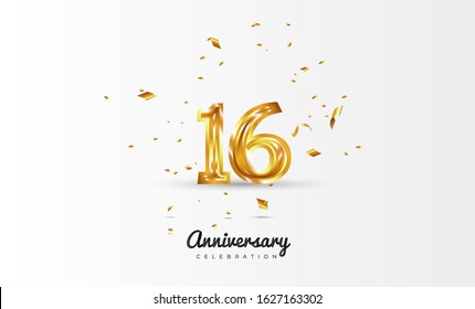 16th Anniversary celebration Vector background by using two colors in the design between gold and white, Golden number 16 with sparkling confetti Realistic gold 3d sign. Birthday or wedding party
