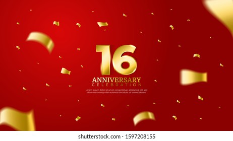16th anniversary celebration vector red background. Golden numbers with shadow and sparkling confetti modern and elegant design for wedding party event decoration. Editable vector EPS 10