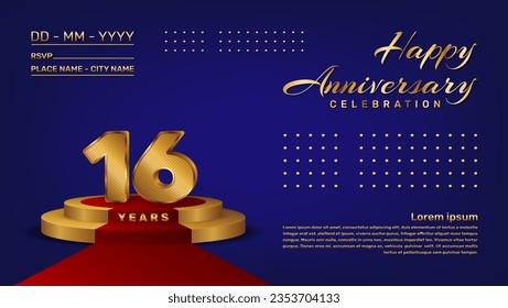 16th anniversary celebration vector template with 3D numbers style and golden stage, Vector template