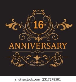 16th anniversary celebration.16 years anniversary logo with golden ribbon for booklet, leaflet, magazine, brochure poster, banner, web, invitation or greeting card. Vector illustrations.