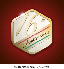 16th Anniversary - Classy and Modern golden emblem / Seal / Badge - vector illustration on read rays background