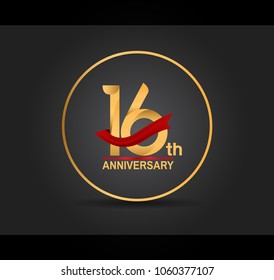 16th anniversary design golden color with ring and red ribbon isolated on black background for celebration