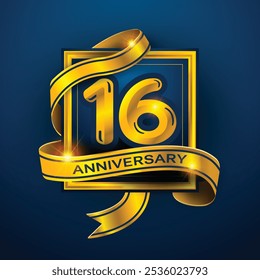 16th Anniversary diseña una cinta dorada envuelta alrededor del número '16' sobre un fondo azul oscuro. Perfecto para celebrar hitos o promover eventos de aniversario con un lujo.