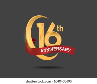 16th anniversary design logotype golden color with ring and red ribbon for celebration