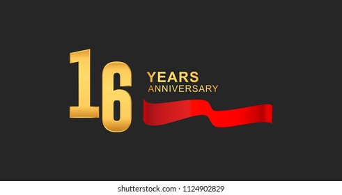 16th anniversary design logotype golden color with red ribbon elegant design for anniversary celebration