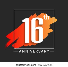 16th anniversary design with orange color brush in square isolated on black background for celebration