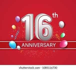 16th anniversary design red background with balloons and confetti for company celebration event 