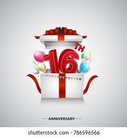 16th anniversary design with red number inside gift box isolated on white background for celebration event