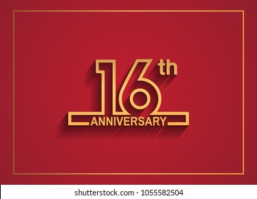 16th anniversary design with simple line style golden color isolated on red background for celebration event