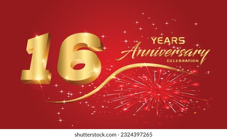 16th Anniversary fireworks and celebration background.Golden 3D lettering and a gold ribbon on dark red background,vector design for celebration, invitation card, and greeting card.