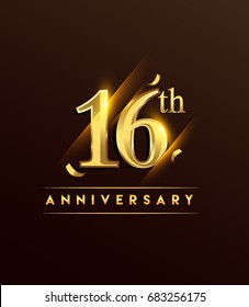 16th anniversary glowing logotype with confetti golden colored isolated on dark background, vector design for greeting card and invitation card.