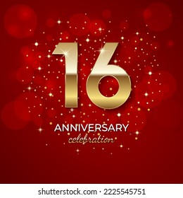 16th Anniversary. Golden number 16 with sparkling confetti and glitters for celebration events, weddings, invitations and greeting cards. Realistic 3d sign. Vector festive illustration