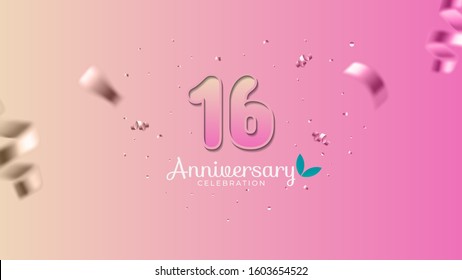 16th anniversary. Gradient pink and yellow Numbers with sparkling confetti. Modern elegant gradient background design vector EPS 10. For wedding party or company event decoration.
