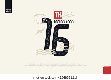 16º aniversário com textura grunge e formas geométricas abstratas