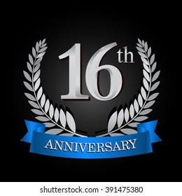 16th anniversary logo with blue ribbon and laurel wreath, vector template for birthday celebration.