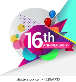 16th Anniversary logo, Colorful geometric background vector design template elements for your birthday celebration.