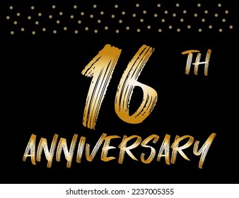 16th anniversary logo with confetti golden. Sixteen years gold brush ink font for commemorative date and birthday. vector with black background