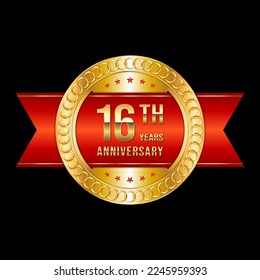 16th Anniversary. Anniversary logo design with gold color text and red ribbon for anniversary celebration event. Logo Vector Illustration