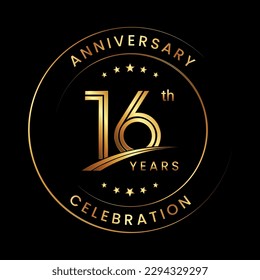 16th Anniversary. Anniversary logo design with gold color ring and text for anniversary celebration events. Logo Vector Template