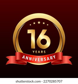 16th Anniversary logo design with golden ring and red ribbon. Logo Vector Template Illustration