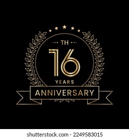 Diseño del logo del 16to Aniversario con laurel para celebración de evento, invitación, pancarta, afiche, volante, tarjeta de saludo. Diseño de arte de línea, Ilustración de vectores de logotipos