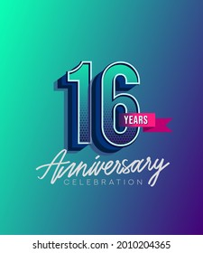 Diseño del logotipo del 16º Aniversario con cinta de opciones, Logo del elegante Aniversario con color azul, Diseño para banner y tarjeta de invitación para la celebración del aniversario.