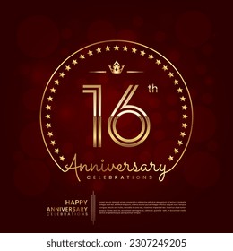 16th anniversary logo with double line number and golden text for birthday celebration event, invitation, banner poster, flyer, and greeting card, vector template