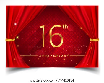 16th Anniversary Logo with Glowing Golden Colors Isolated on Realistic Red Curtain, Vector Design for Greeting Card, Poster and Invitation Card