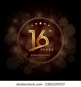 16th anniversary logo with gold double line style decorated with glitter and confetti Vector EPS 10