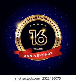 16th anniversary logo with gold numbers and red ribbon, vector template