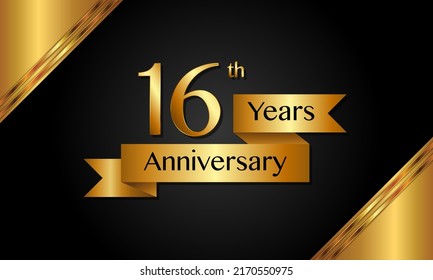 16th anniversary logo with golden ribbon for booklets, leaflets, magazines, brochure posters, banners, web, invitations or greeting cards. Vector illustrations.