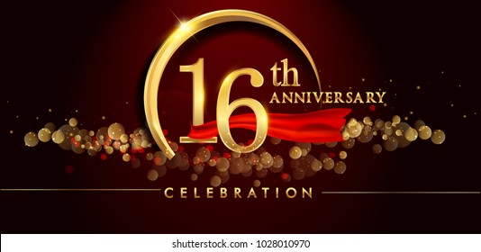 16th anniversary logo with golden ring, confetti and red ribbon isolated on elegant black background, sparkle, vector design for greeting card and invitation card