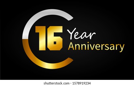 16th anniversary logo with golden ring, vector design for greeting card and invitation card