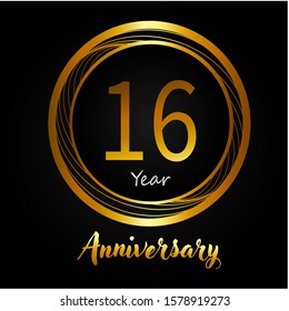 16th anniversary logo with golden ring, vector design for greeting card and invitation card