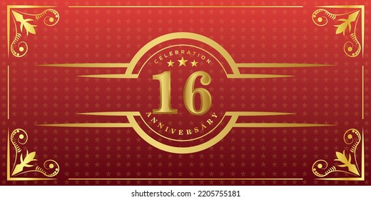 16th anniversary logo with golden ring, confetti and gold border isolated on elegant red background, sparkle, vector design for greeting card and invitation card
