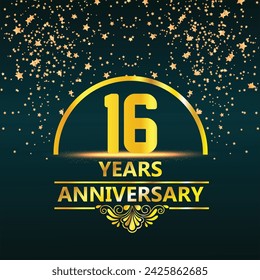 16th anniversary logo with golden ring, confetti and red ribbon isolated on elegant black background, sparkle, vector design for greeting card and invitation card