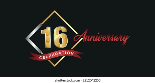 16th anniversary logo with golden and silver box, confetti and red ribbon isolated on elegant black background, vector design for greeting card and invitation card
