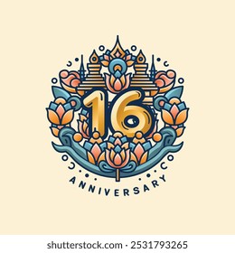 A 16th anniversary logo on a cream and brown pastel background, with a golden '16' surrounded by lotus flowers and Thai stupas. Soft orange, teal, and gold blend to reflect elegance and culture.