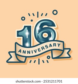 A 16th anniversary logo on a cream-brown pastel background, designed in a flat style. The celebration features the number with a matching tone vector ribbon and simple background design elements.